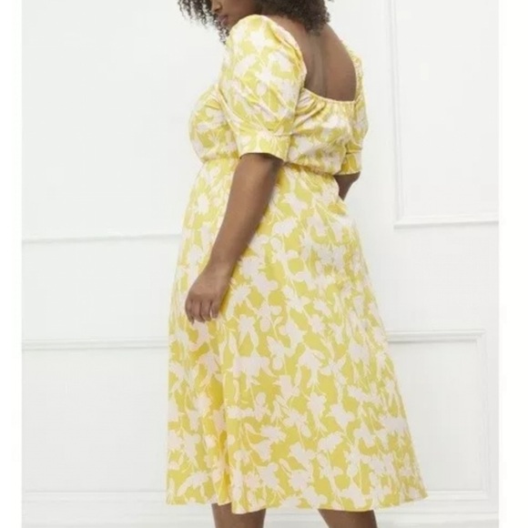 Eloquii | Bright Yellow Baby Pink Floral‎ Puff Sleeve Midi Sundress Square Neck - Picture 3 of 9